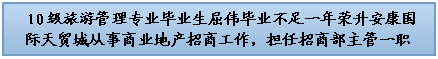 文本框:  10级旅游管理专业毕业生屈伟毕业不足一年荣升安康国际天贸城从事商业地产招商工作，担任招商部主管一职