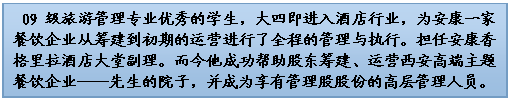 文本框:  09级旅游管理专业优秀的员工，大四即进入酒店行业，为安康一家餐饮企业从筹建到初期的运营进行了全程的管理与执行。担任安康香格里拉酒店大堂副理。而今他成功帮助股东筹建、运营西安高端主题餐饮企业——先生的院子，并成为享有管理股股份的高层管理人员。